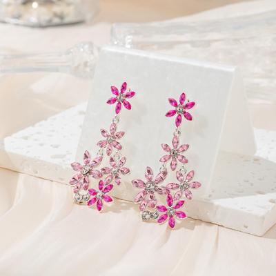 Summer Pink Flower Earrings Fashion Pastoral Flower Alloy Cubic Zirconia Drop Earrings
