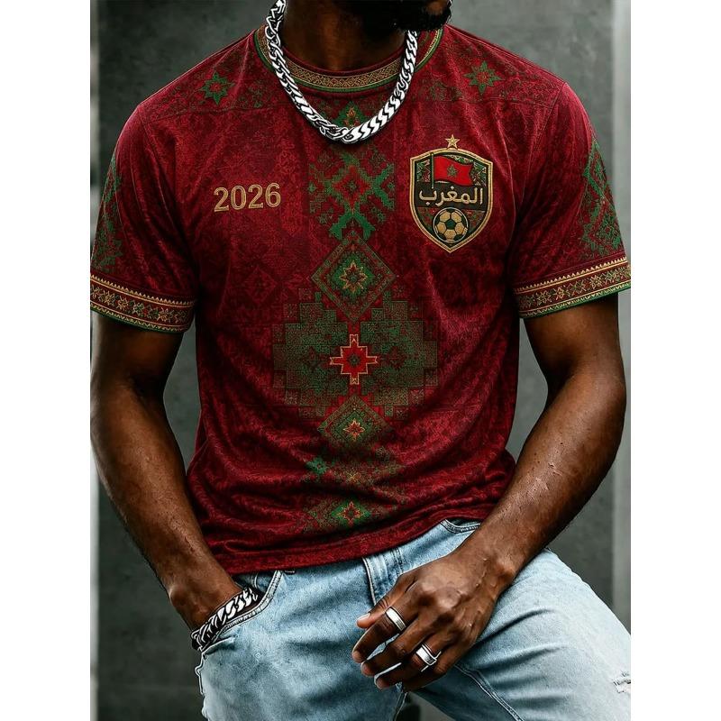 Bobby3 Marokko 2026 Thuis Voetbalshirt Rood Islamitisch 3D Print Korte Mouw Voetbalshirt Arabische Letter Print Fan Sport T-shirt Top L