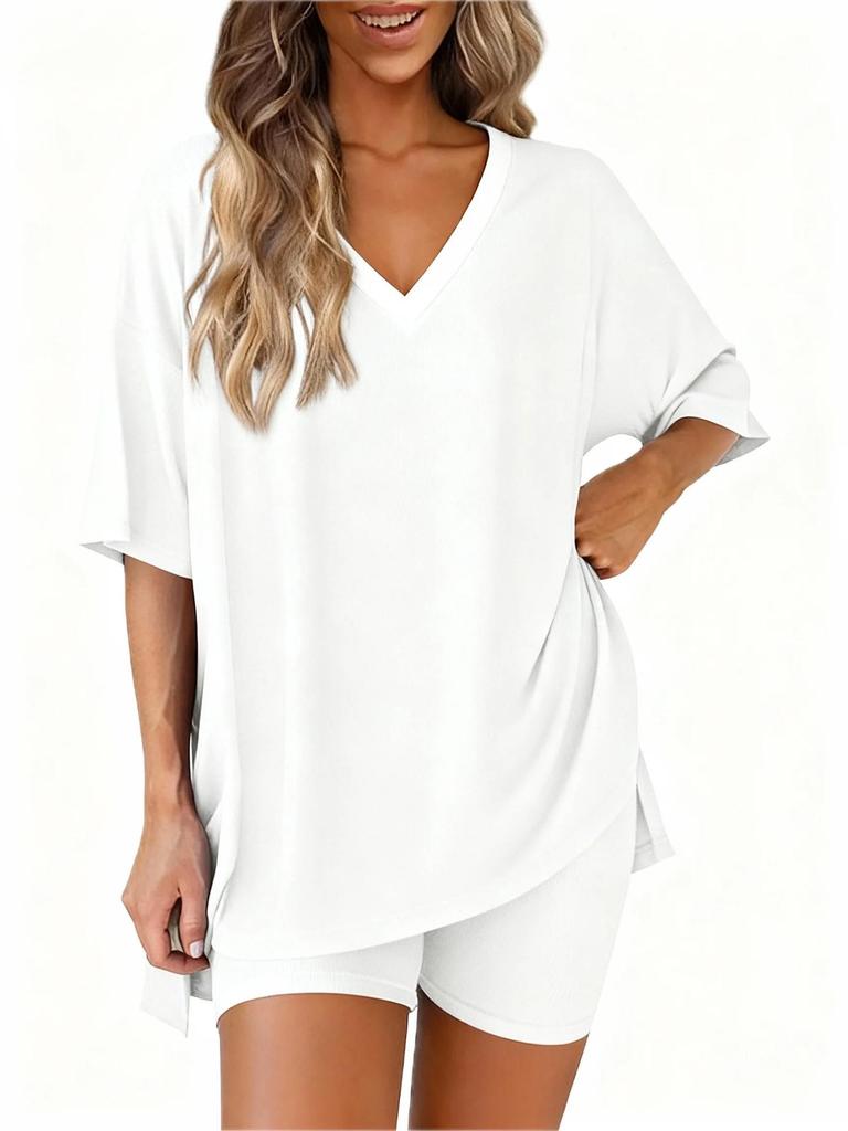 2026 Summer Chic European & American V-Neck Solid Color Loose Pajama Set