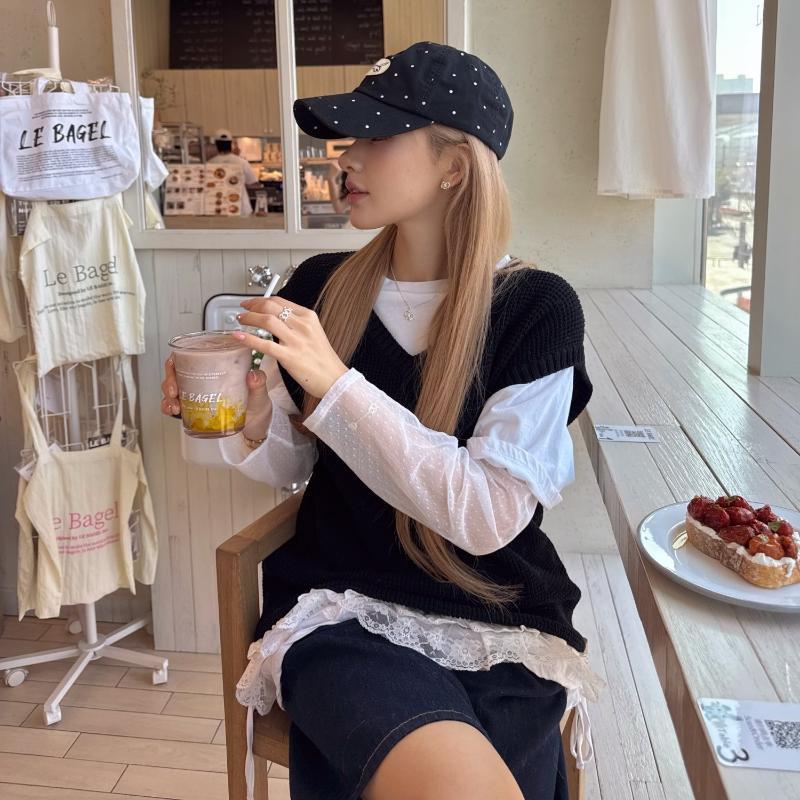 Cartoon Cat Bear Cat'S Ears Baseball Hats New Women Sunshade Polka Dot Versatile Sweet Fashion Niche Peaked Caps