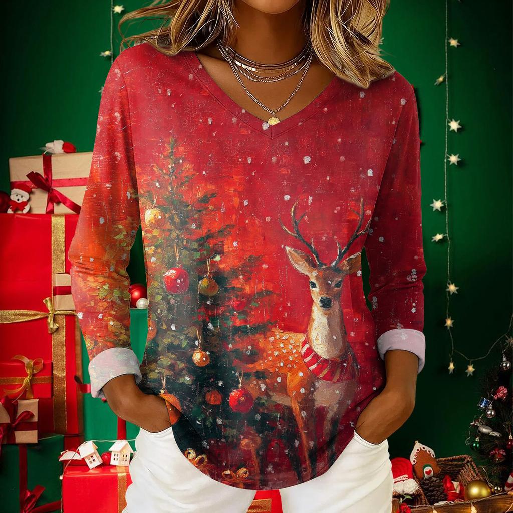 Women's Christmas Print Casual V-Neck Long Sleeve Top