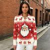 Women's Casual Christmas Print Knit Long Sleeve Button Front Collared Top