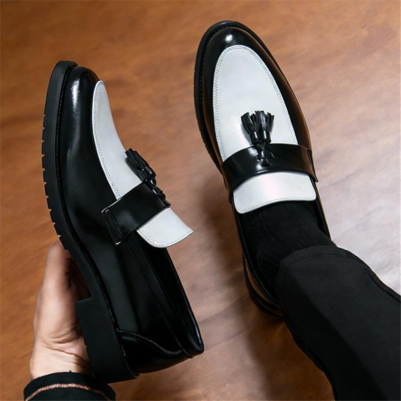 New Pointed Whie Black Red Mixed Tassels Wedding Formal Leather Shoes for Men Casual Platform Loafers Homecoming Dress Footwear