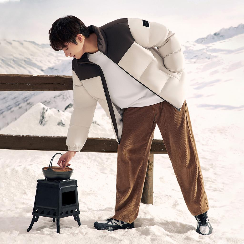 Anta Training Series Color Block Zip Up Stand Collar Down Jacket Men Jacket Gray 952347901-1