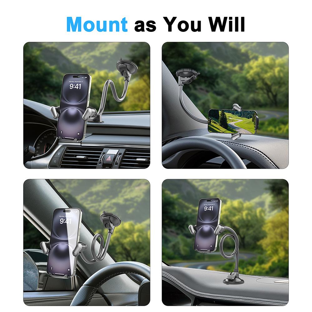 Multi-Functional Suction Cup Windshield Phone Holder with Extended Soft Hose for Cars, Trucks, Vans, and Buses