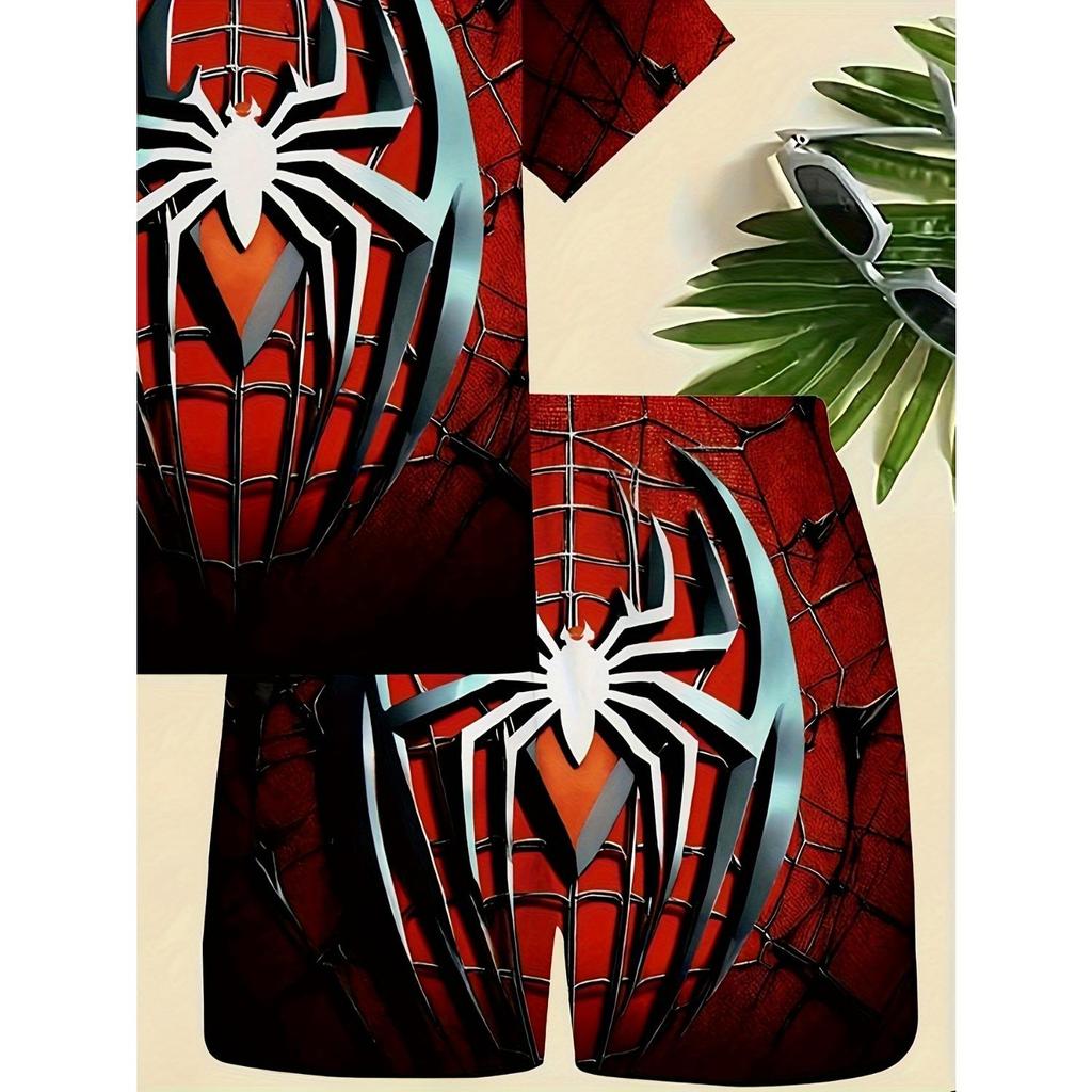 Summer Fashion Boys' Red 3D Spider Web Short Sleeved Shorts Set, Suitable for Outdoor Activities