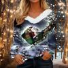 Women's Christmas Print Long Sleeve V-Neck Top with Plush Collar and Patchwork Design