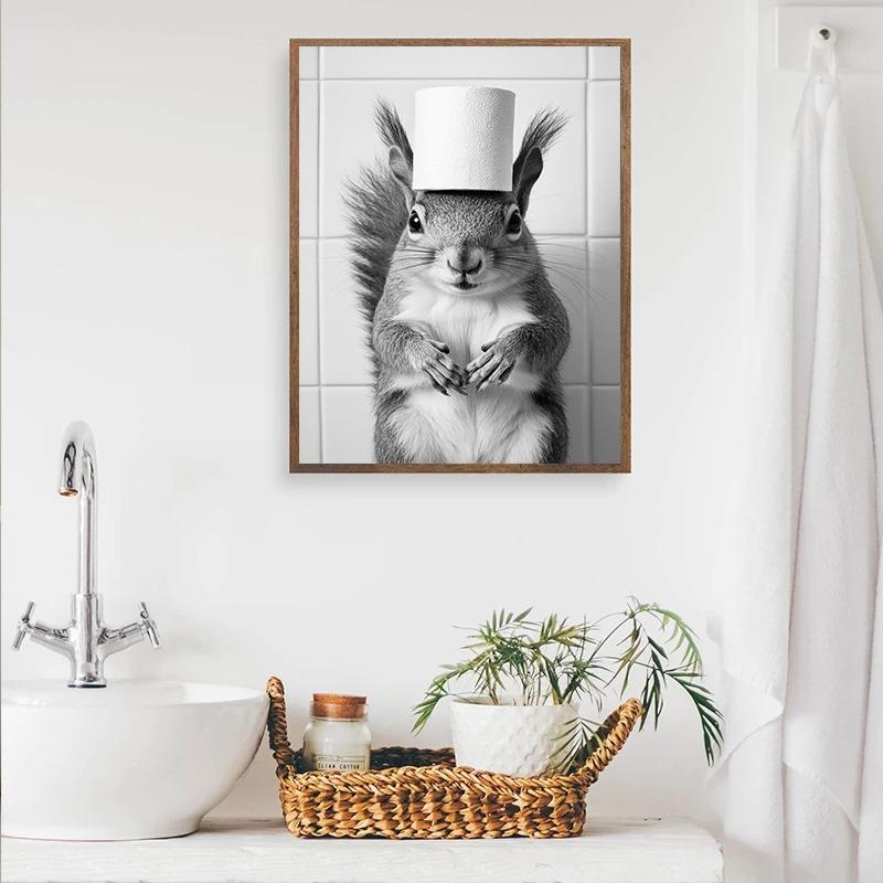 Black and White Cute Animal and Toilet Paper Poster Cat Hedgehog Sloth Canvas Painting Wall Art Bathroom Living Room Home Decor