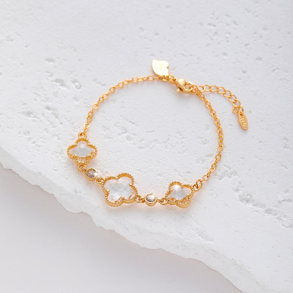 Bracelet trèfle double face pour femme, cuivre plaqué or, bijoux fleur en zircon
