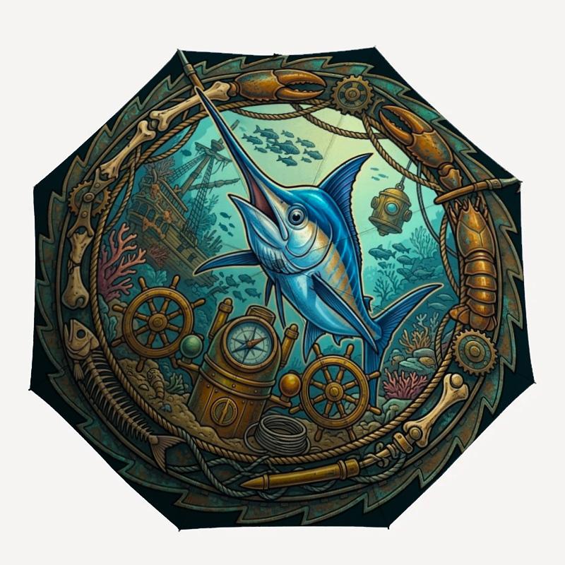 Underwater Adventure Emblem pattern umbrella, portable and foldable design, 8 ribs, a casual accessory for Halloween, Christmas, and birthday gifts.