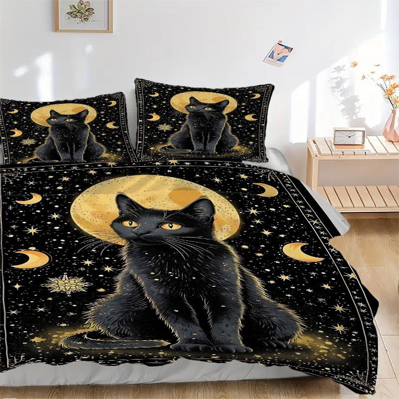 3pcs Black Cat Moon Night Duvet Cover Set, Cover For Bedroom Guest Room (1 Duvet Cover + 2 Pillowcase, Without Quilt),  Yy250922224