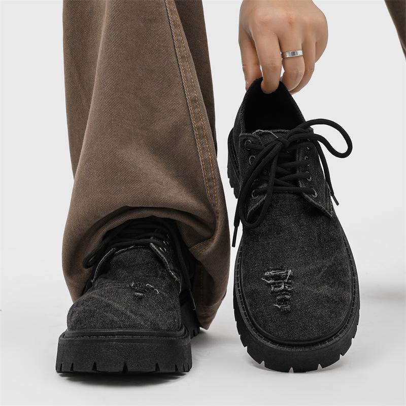 Herren Distressed Denim Derby Schuhe Chunky Grunge Plateau Stiefel Avantgarde Klobige Zehen Nische Streetwear Schuhe für Trendige Jugend