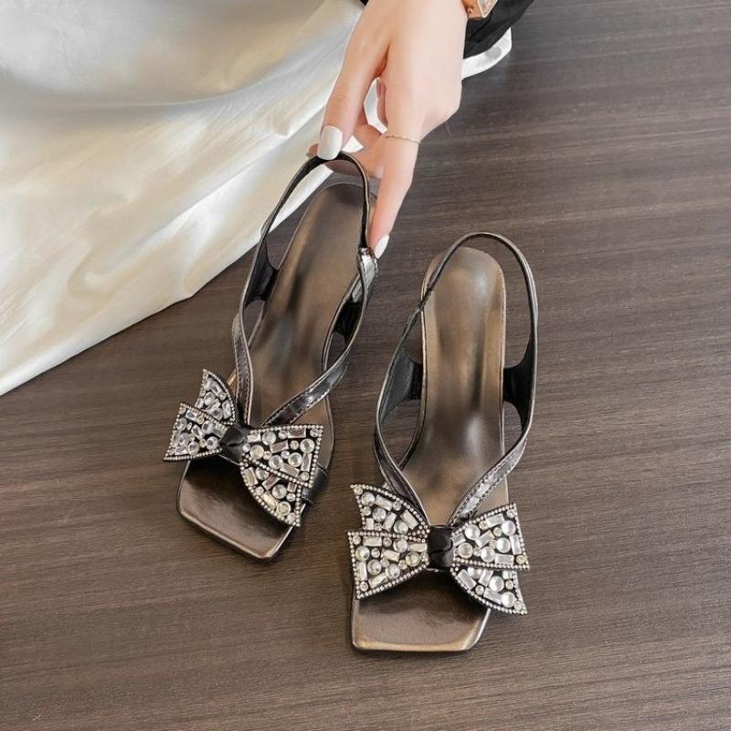 Fashion Rhinestone Cutout Bow Back Empty Sandals Women's Outside Wear Summer New Square Toe Fashion Non-slip Stiletto Heels