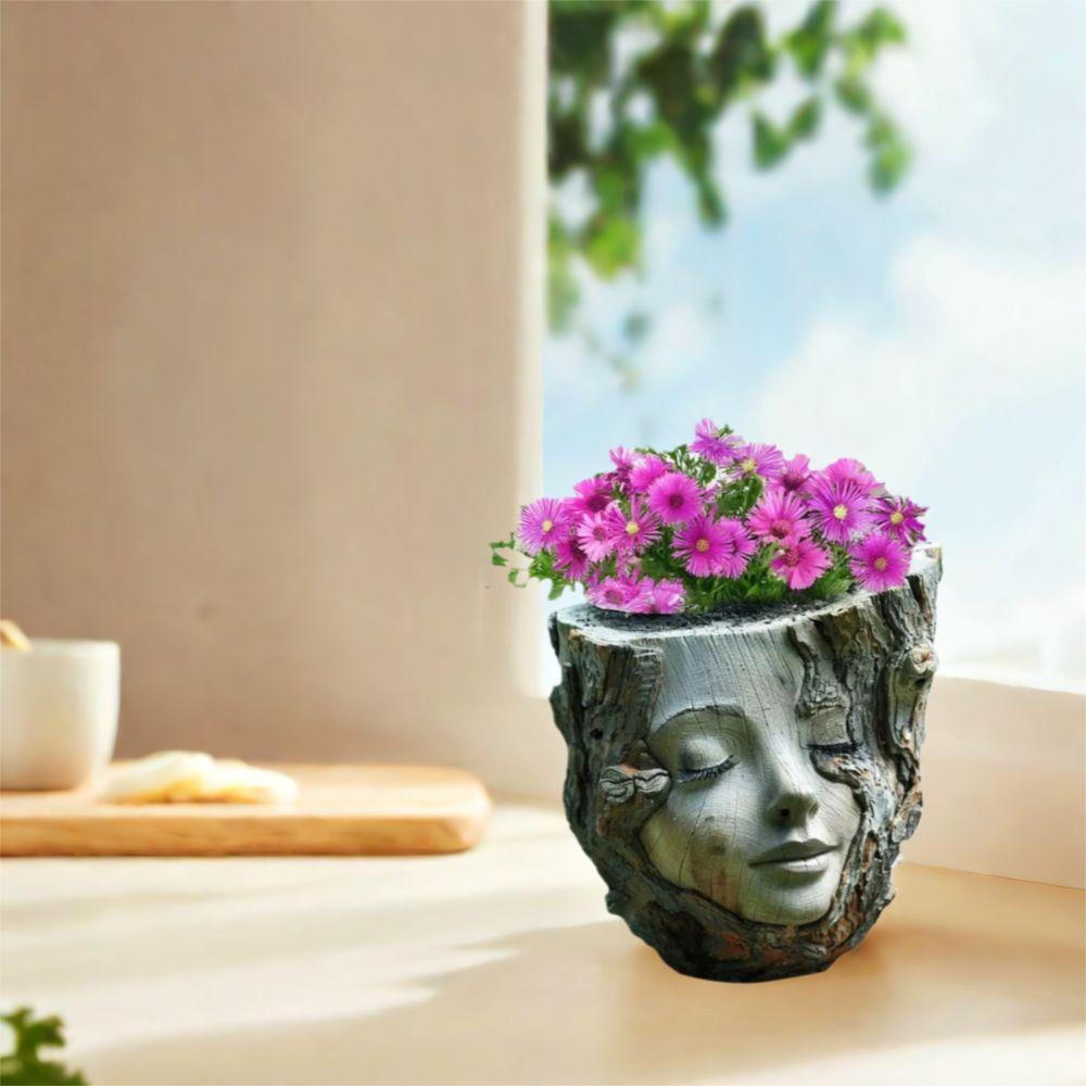 Resin Crafts Girl Face Flowerpot Funny Figure Planter Tree Stump Girl Pot Living Room Decoration
