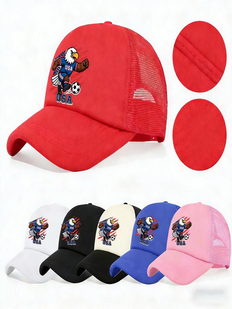 1PC Retro USA Soccer Trucker Hat, Cartoon Eagle Print, Streetwear Cap for Football Fans