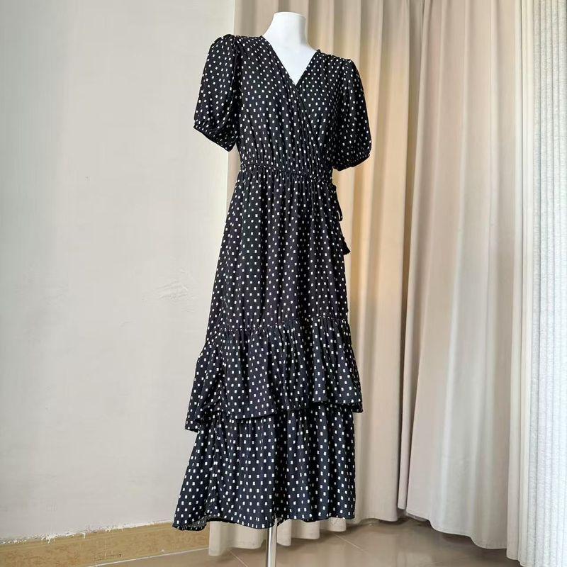 

Spot Print Short sleeve Solid Strap Wrap Dress Black L