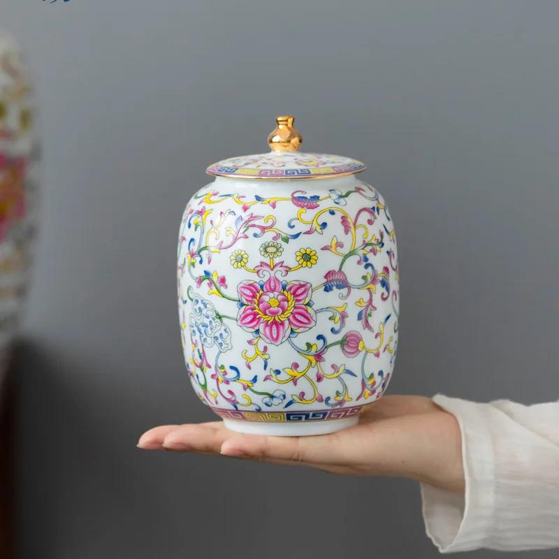 Enamelled Painted Pottery Pot Tea Caddy Ginger Jar Porcelain Canister Storage Tank Tea Organizer Desktop Storage Container