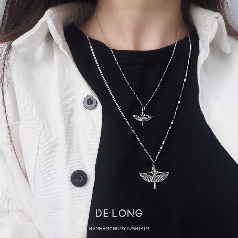 

S925 Sterling Silver Retro Distressed Angel Wing Necklace: Chic Korean Style for Trendy Men and Women Small Necklace 45cm