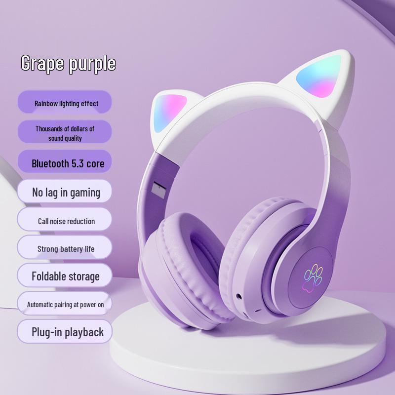 Sky Blue Cat Ear Bluetooth Headphones with Breathing Light