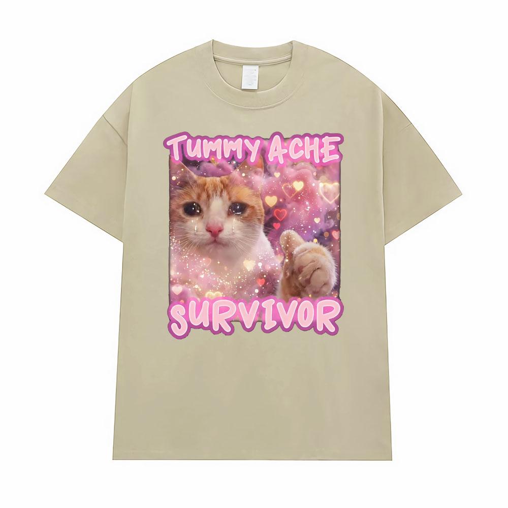 

Tummy Ache Survivor Funny Cat Meme Graphic T Shirts for Unisex Women Fashion Retro Cartoon Humor T Shirt Streetwear Cotton Tshirts 4XL
