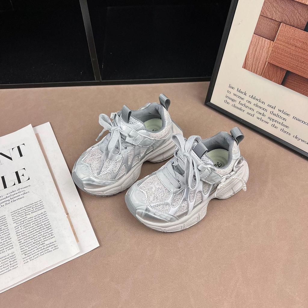 Kids' Stylish Rhinestone Running Shoes - Lightweight, Breathable Korean Style for Girls (Spring/Autumn 2026)