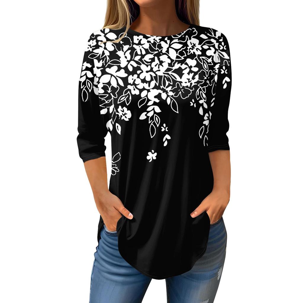 Damen-T-Shirts, 3/4-Ärmel, einfarbig, Pullover, Sommer, Frühling, Tops, Blusen