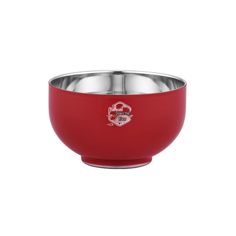 Red 304 Stainless Steel Bowl Set, Double-Layer, Anti-Scald, Heat Insulation - Available in Four or Six-Piece Sets.