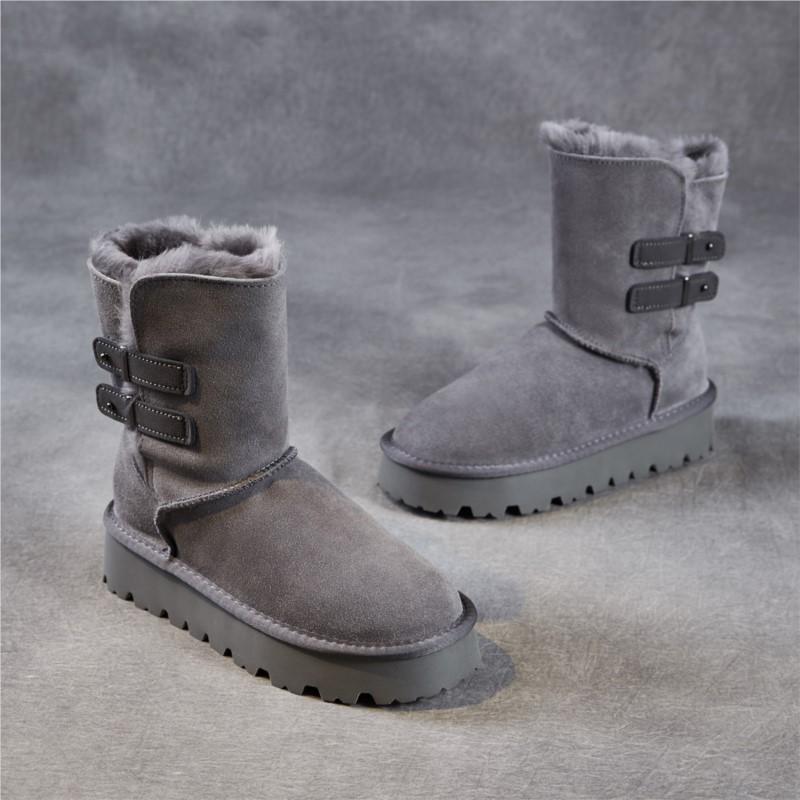 Johnature Wool Thick Soled Snow Boots Versatile Cow Suede Thickened Plush Warm Women's Mid-calf Boots