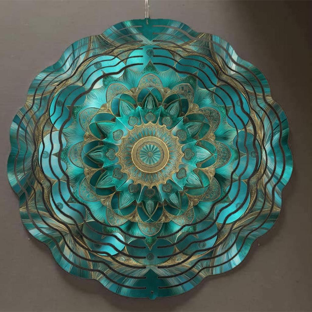 Hanging Wind Spinner with Intricate Mandala Design – Teal Blue & Golden Metal Art Chime for Balcony, Lawn, or Garden Decor, 360° Rotating Hook