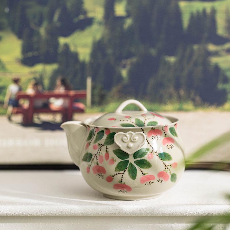 Hand painted stamen Kung Fu tea set, plant ash underglaze color brewing teapot, teacup storage bag, household ceramic travel set