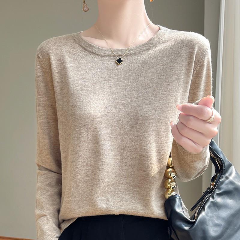 2026 Fall Thin Wool Blend Knit Sweater Round Neck Long Sleeve Loose Slim Fit Basic Top Women