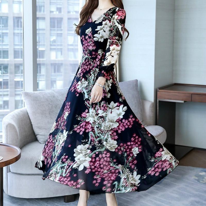 Langermet V-halskjole Kvinner Høst Slim Fit Lang A-linje stort skjørt