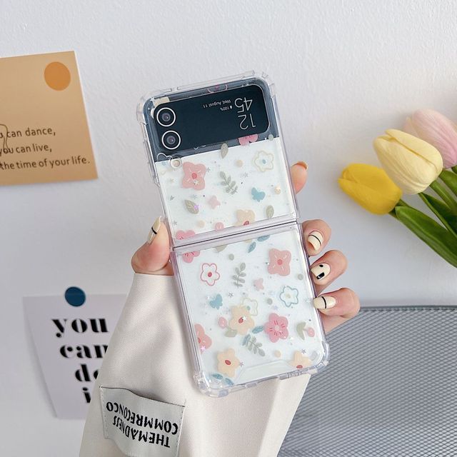 For Samsung Z Flip 4 Case Flash Flower Transparent Folding Phone Case For Samsung Z Flip 3 5g Zflip4 Shockproof Hard Back Cover