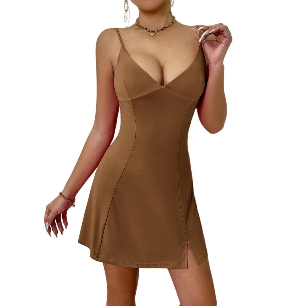 Modisches Damen V-Ausschnitt Sexy Stilvolles Träger Einfarbig Ärmellos Taillenkleid