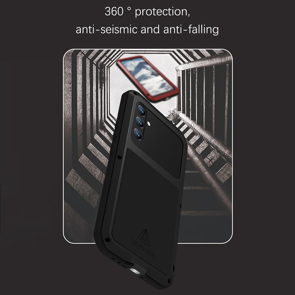 LOVE MEI Für Samsung Galaxy A34 5G Silikon+Metall Stoßfestes Robustes Handyhülle mit Integriertem Gehärtetem Displayschutz