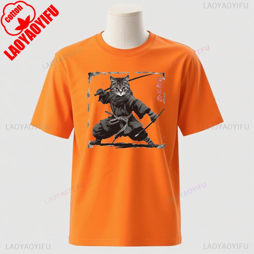 Samurai Cat TShirt Cat Kimono Anime Kitten Harajuku Y2K Top Unisex Cotton Graphic Tee Kawaii Streetwear Vintage Cute Cat Shirt S