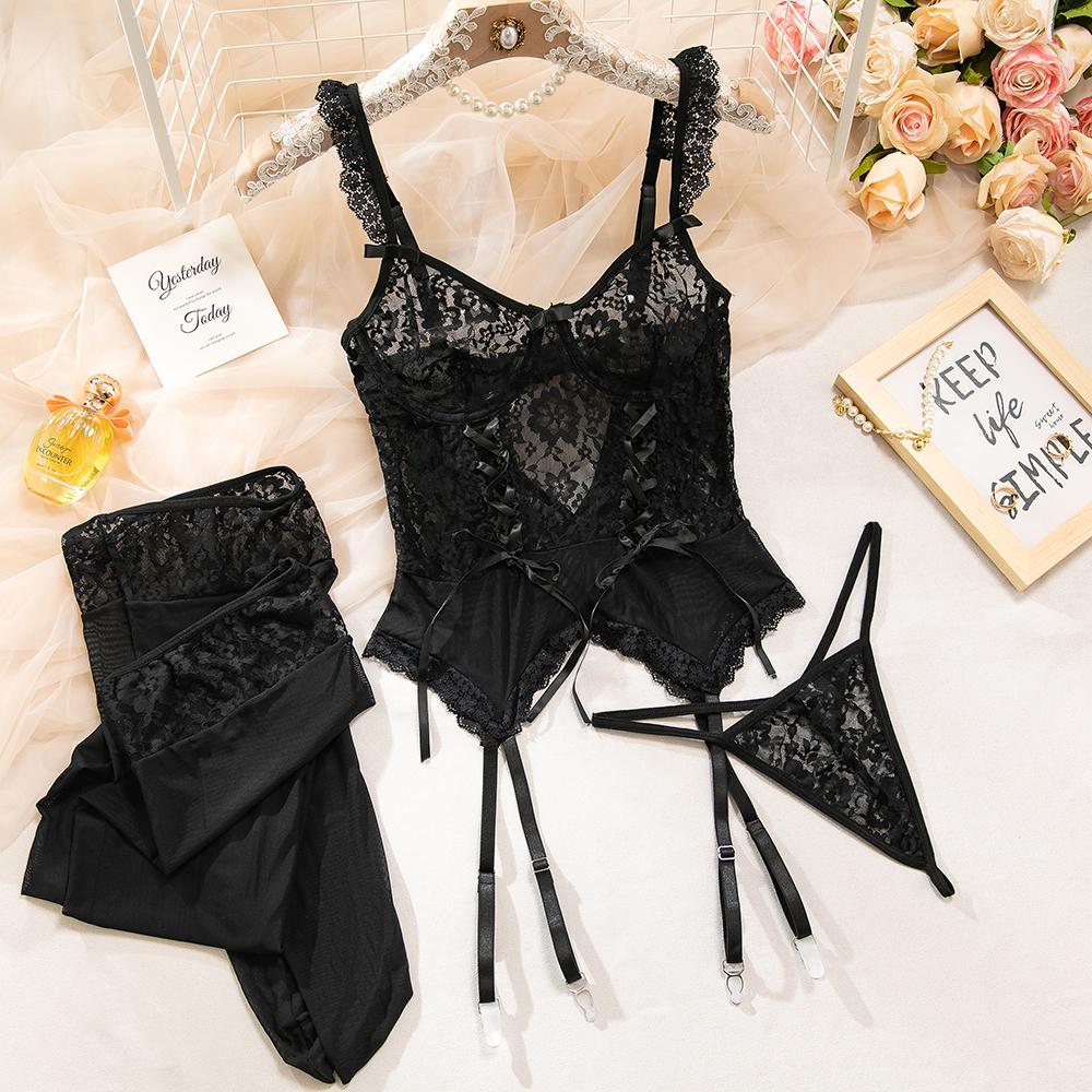 Yimunancy Drawstring Lace Lingerie Women 3-Piece Sensual Fancy Erotic Transparent Sexy Underwear with Stockings