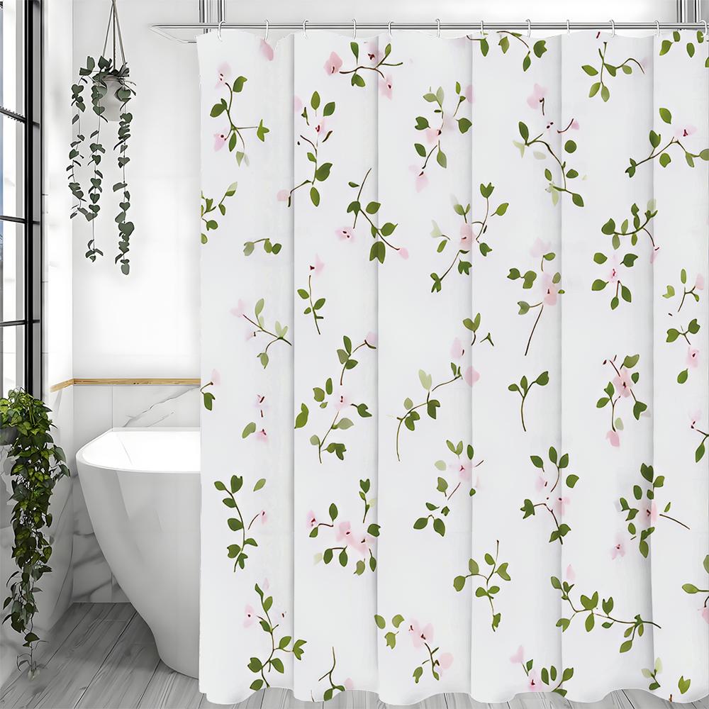 Pink Flower Shower Curtain, Floral Plants, White Background, Spring Bathroom Decorative Shower Curtain, Waterproof Shower Curtai