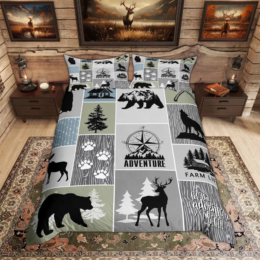 Homewish Rustic Deer Bear Duvet Cover Set Woodland Animal Checkered Quilt Cover Set Farmhouse Lodge Cabin Bedding Set