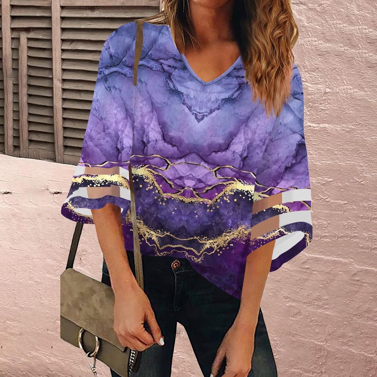 

Жіноча сорочка Блузка Повсякденні вільні сорочки Мереживна обробка з рукавами 3/4 Топи з принтом V-подібним вирізом Топи з принтом Футболки Футболки XL фіолетовий