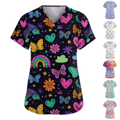 Women's Fashion V,Neck Short Sleeve Overalls With Pockets  Print Tops  Clothes