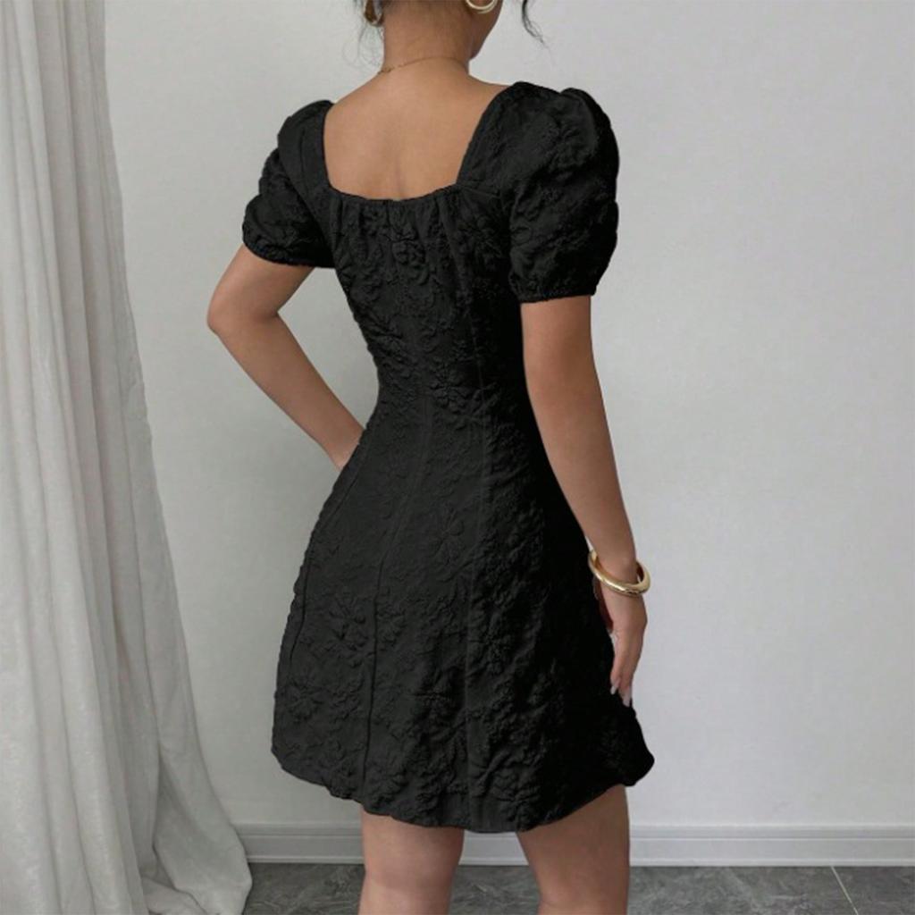 Women's Fashionable Color Square Neck Bubble Short Sleeved Dress With Temperament