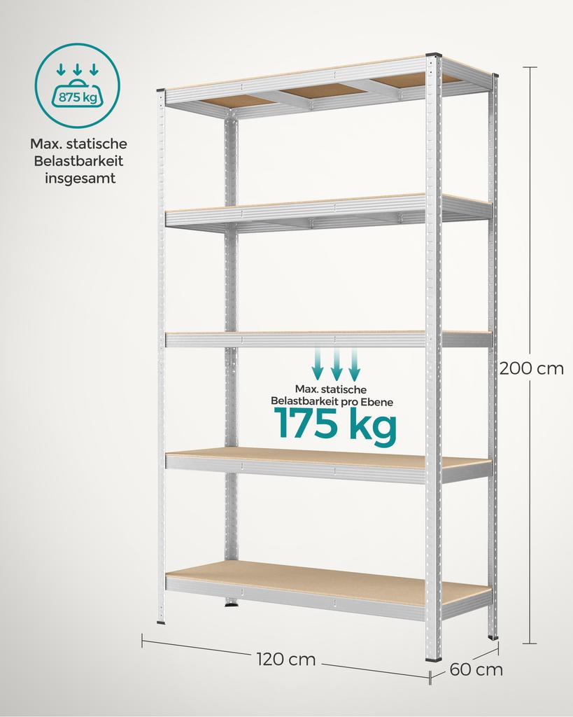 SONGMICS 5-Tier Shelving Unit, Steel Shelving Unit for Storage, Tool-Free Assembly, for Garage, Shed, Load Capacity 875 kg, 60 x 120 x 200 cm, Silver
