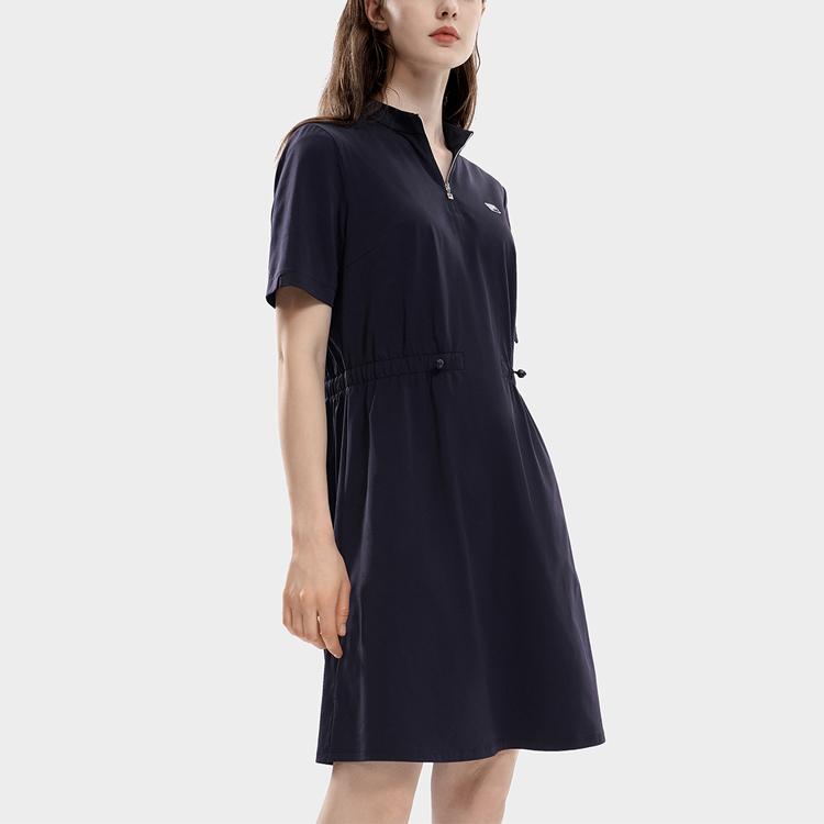 Fila Modern Heritage Classic Business Half-Zip Stand Collar Solid Color Logo Pullover Short Sleeve Dress Women Dresses Legendary-Blue F11W331302F-NV