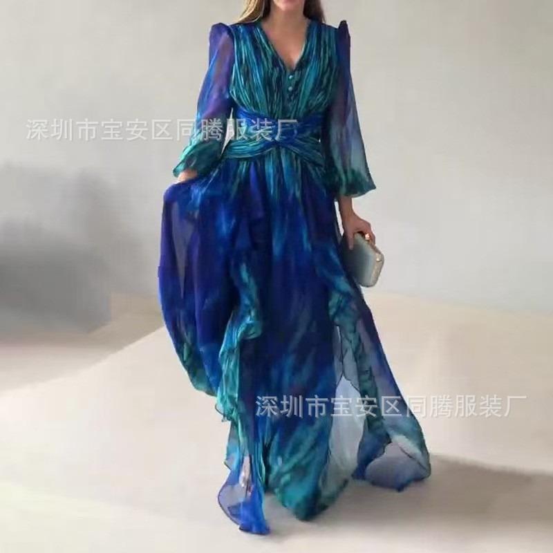 Spring new European and American French retro fashion printed long-sleeved temperament elegant dress