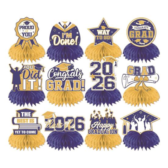 12Pcs 2026 Graduation Honeycomb Decor 3D Honeycomb Centerpieces for Commencement Party Red & Black Theme Bachelor Cap Party Decor for Table Decor &