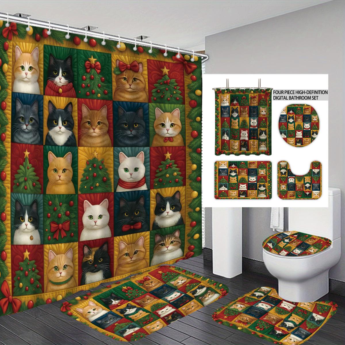 

4pcs fabric splicing Christmas cat print bathroom set 180x180 waterproof shower curtain, floor mat, U-shaped mat, toilet mat Regular