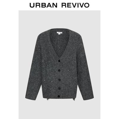 UR Women's Winter 2025 Plush Rhinestone V-Neck Knit Cardigan