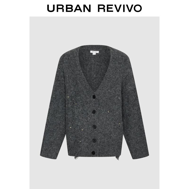 UR Women's Winter 2025 Plush Rhinestone V-Neck Knit Cardigan