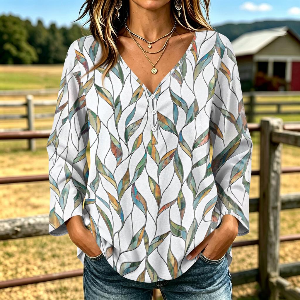 Women's Casual V-Neck Long Sleeve Floral Print T-Shirt for Everyday Wear